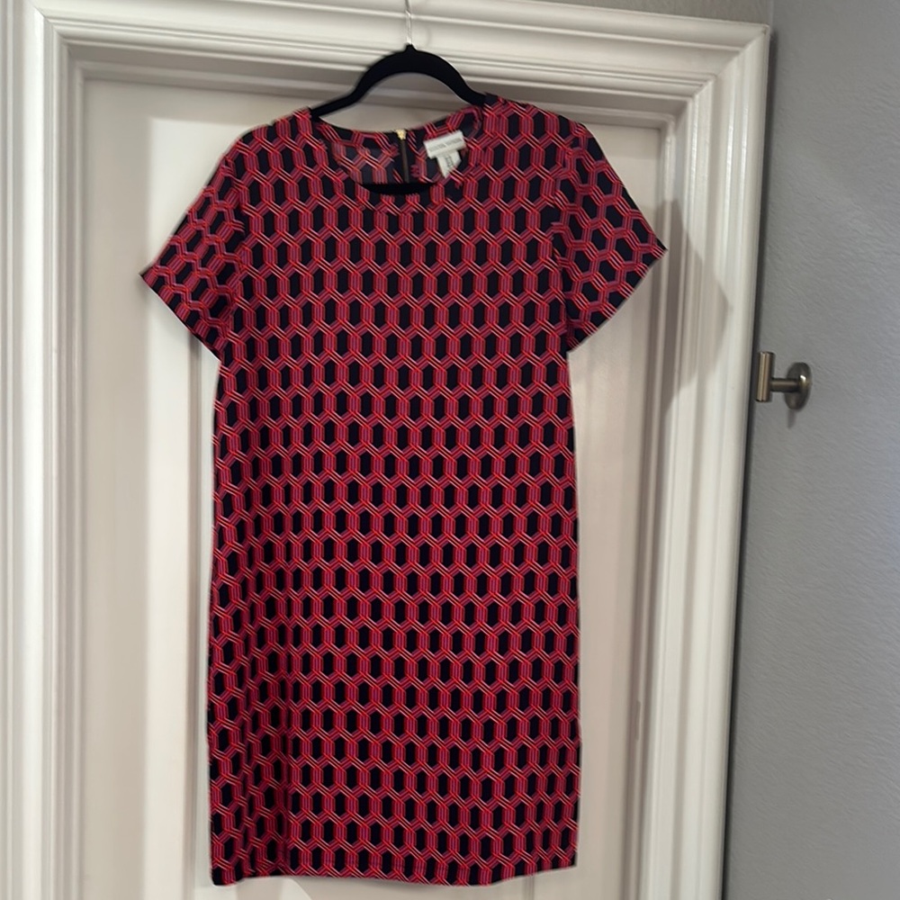 Red and Black Mini Sheath Dress with Short Sleeves and Crew Neck for Work